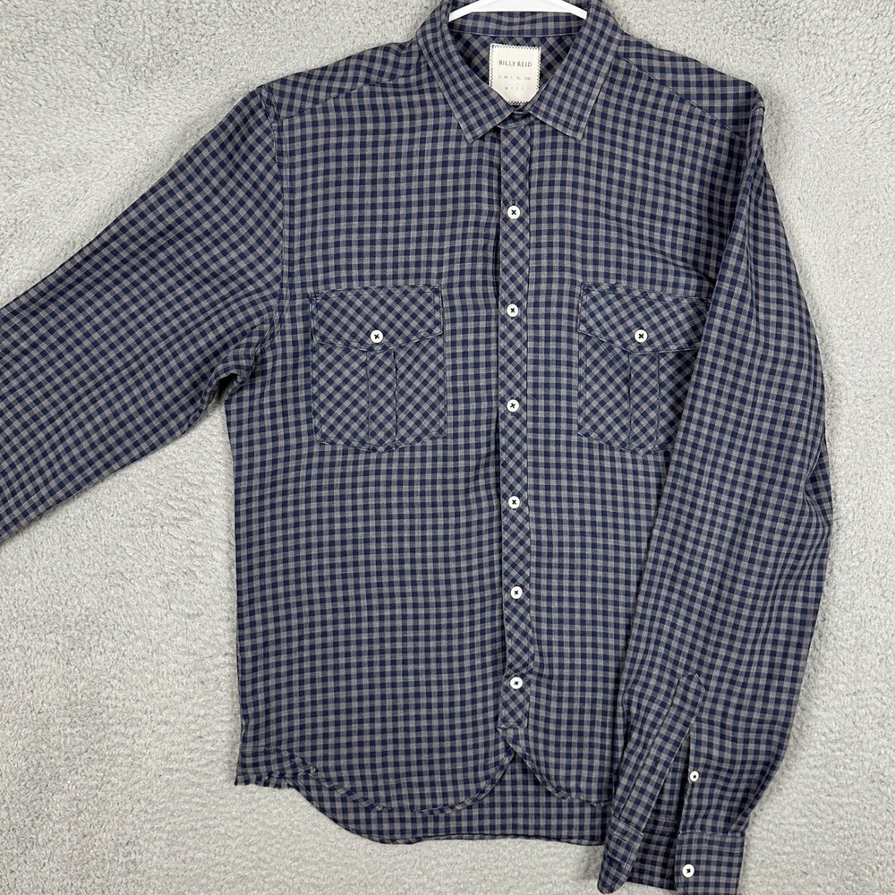 Billy Reid Shirt Mens‎ Medium Navy Grey Button Up Gingham Check Casual Pockets